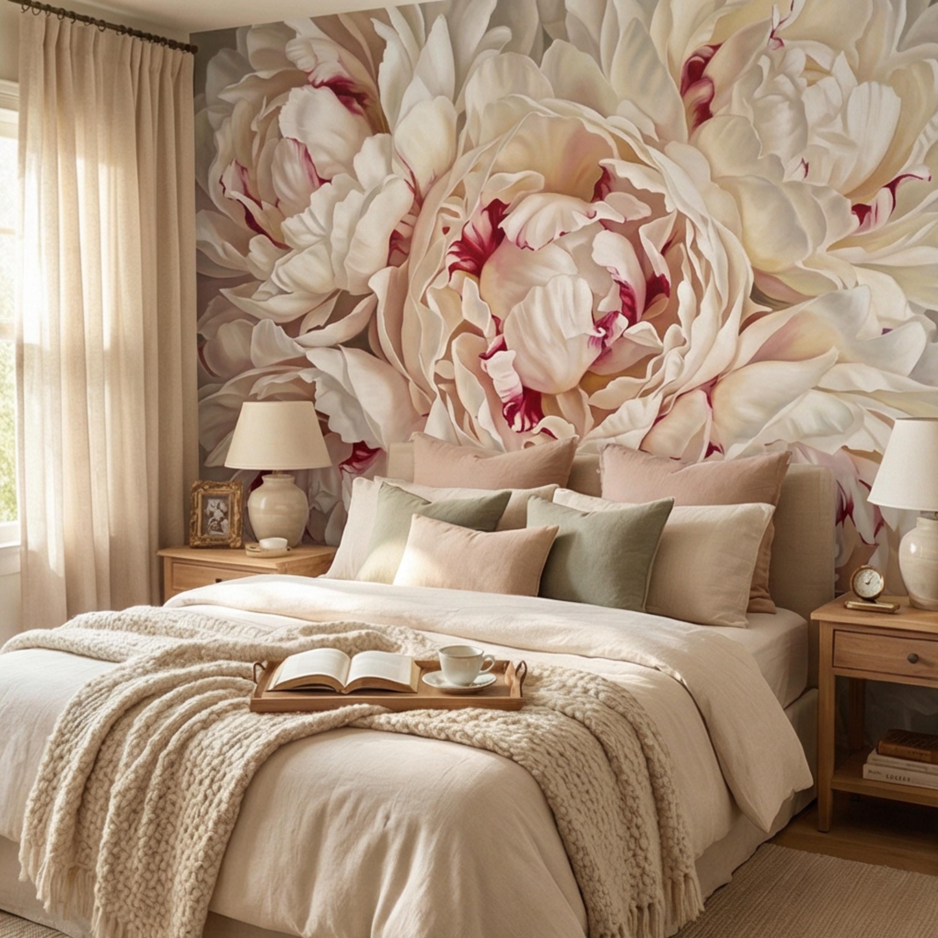 Blush Cream Peony Peel and Stick Wall Mural, Large Romantic Floral Wallpaper, Soft Feminine Luxury Wall Decor