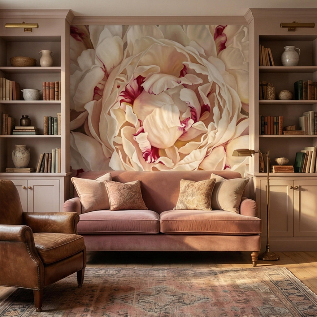 Blush Cream Peony Peel and Stick Wall Mural, Large Romantic Floral Wallpaper, Soft Feminine Luxury Wall Decor