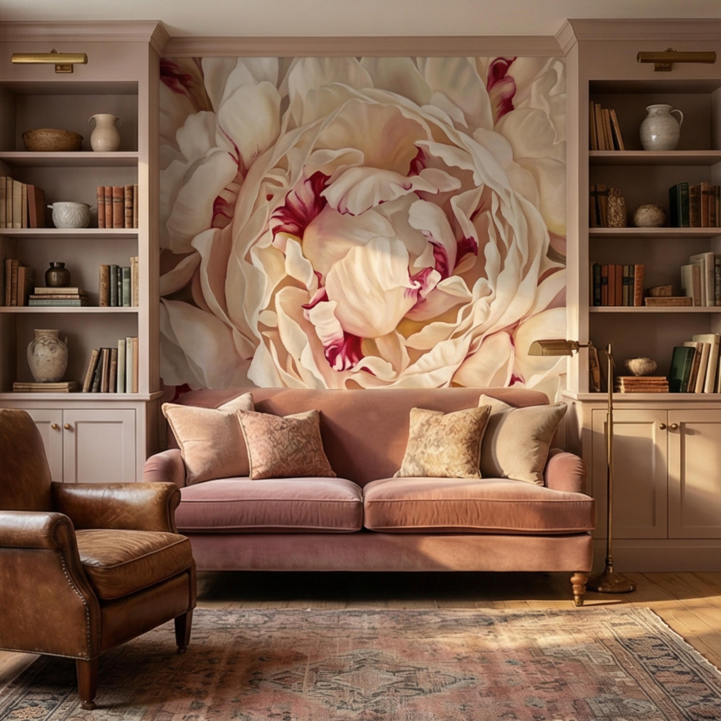 Blush Cream Peony Peel and Stick Wall Mural, Large Romantic Floral Wallpaper, Soft Feminine Luxury Wall Decor