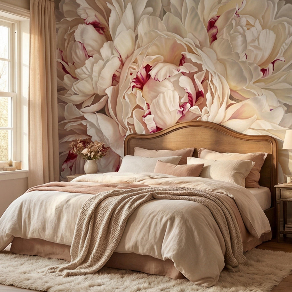 Blush Cream Peony Peel and Stick Wall Mural, Large Romantic Floral Wallpaper, Soft Feminine Luxury Wall Decor