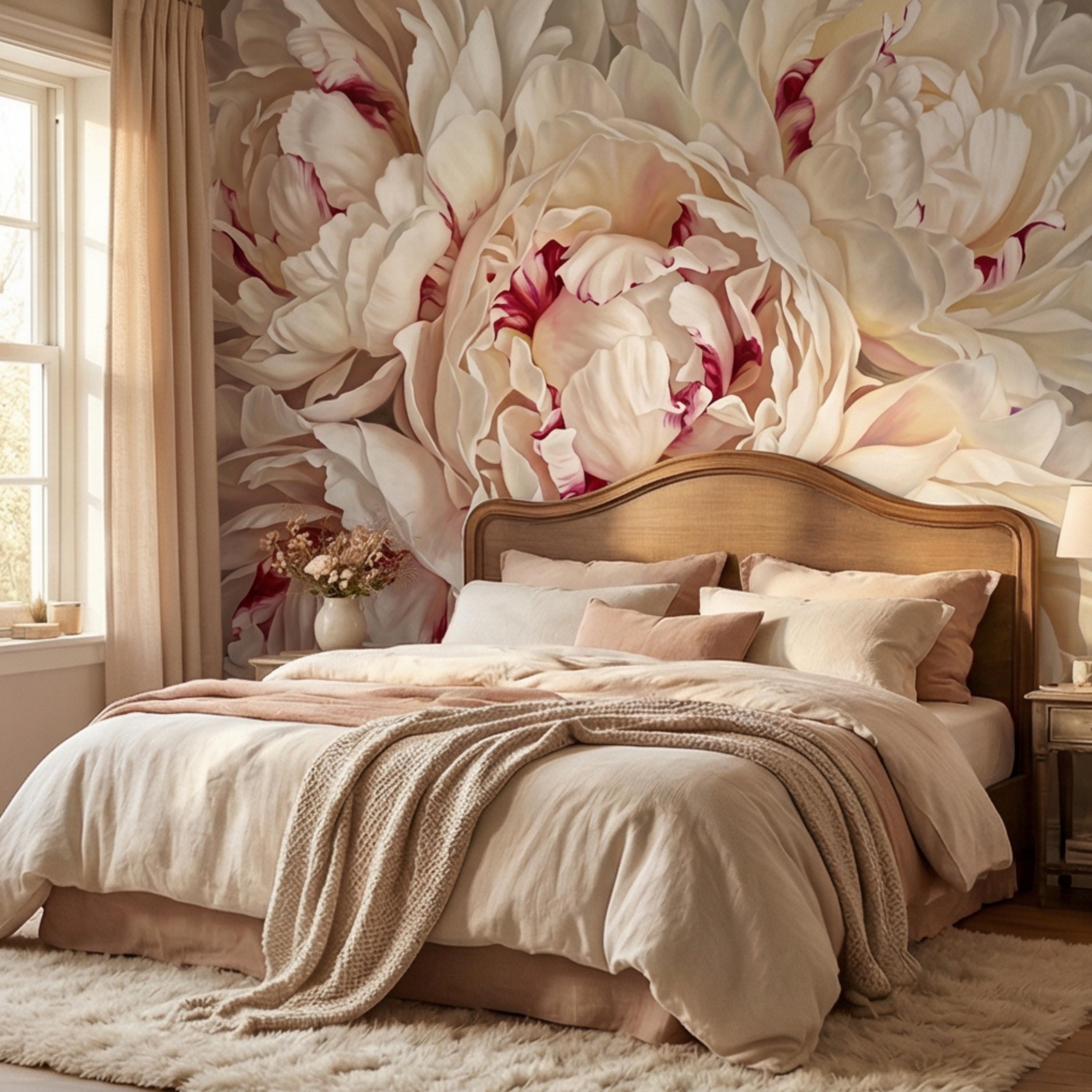 Blush Cream Peony Peel and Stick Wall Mural, Large Romantic Floral Wallpaper, Soft Feminine Luxury Wall Decor