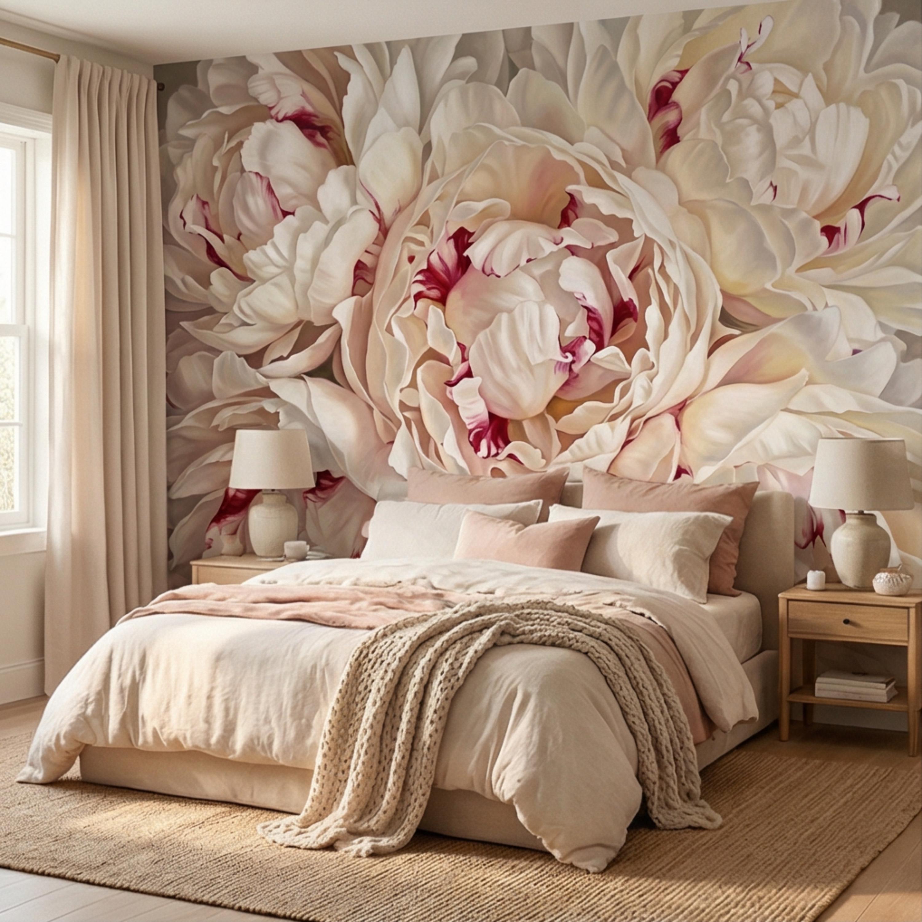 Blush Cream Peony Peel and Stick Wall Mural, Large Romantic Floral Wallpaper, Soft Feminine Luxury Wall Decor