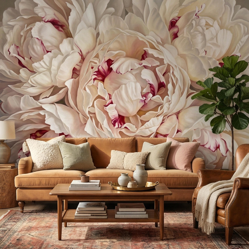 Blush Cream Peony Peel and Stick Wall Mural, Large Romantic Floral Wallpaper, Soft Feminine Luxury Wall Decor