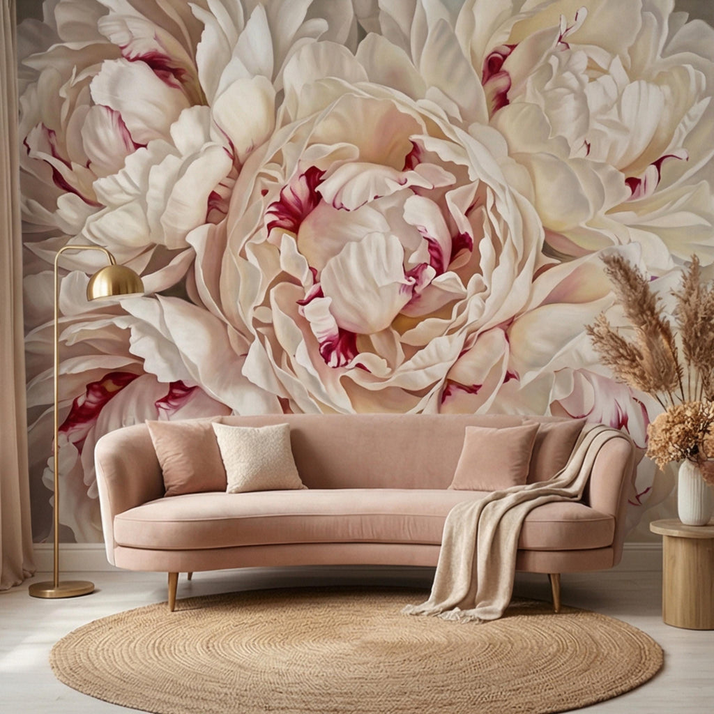 Blush Cream Peony Peel and Stick Wall Mural, Large Romantic Floral Wallpaper, Soft Feminine Luxury Wall Decor