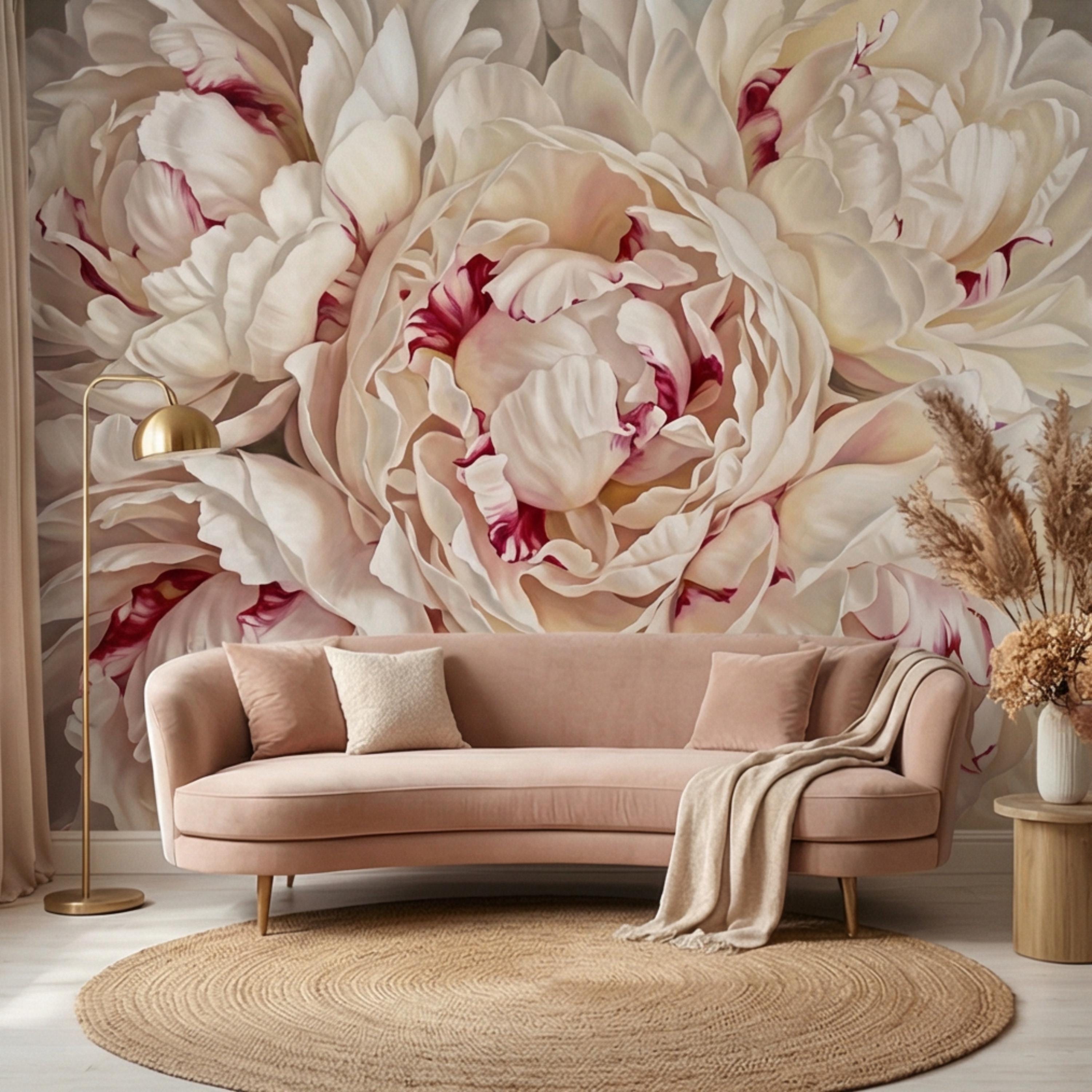 Blush Cream Peony Peel and Stick Wall Mural, Large Romantic Floral Wallpaper, Soft Feminine Luxury Wall Decor