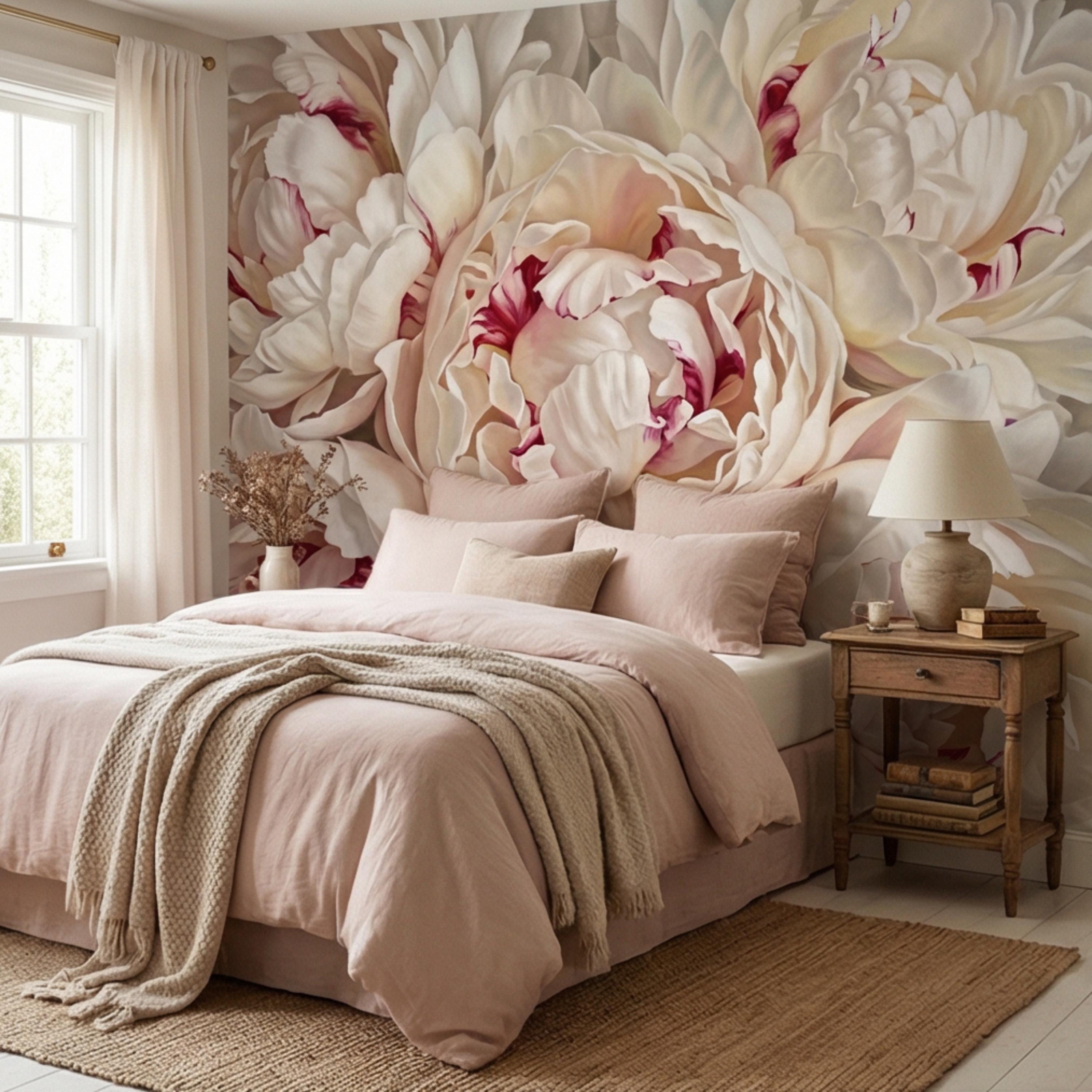 Blush Cream Peony Peel and Stick Wall Mural, Large Romantic Floral Wallpaper, Soft Feminine Luxury Wall Decor