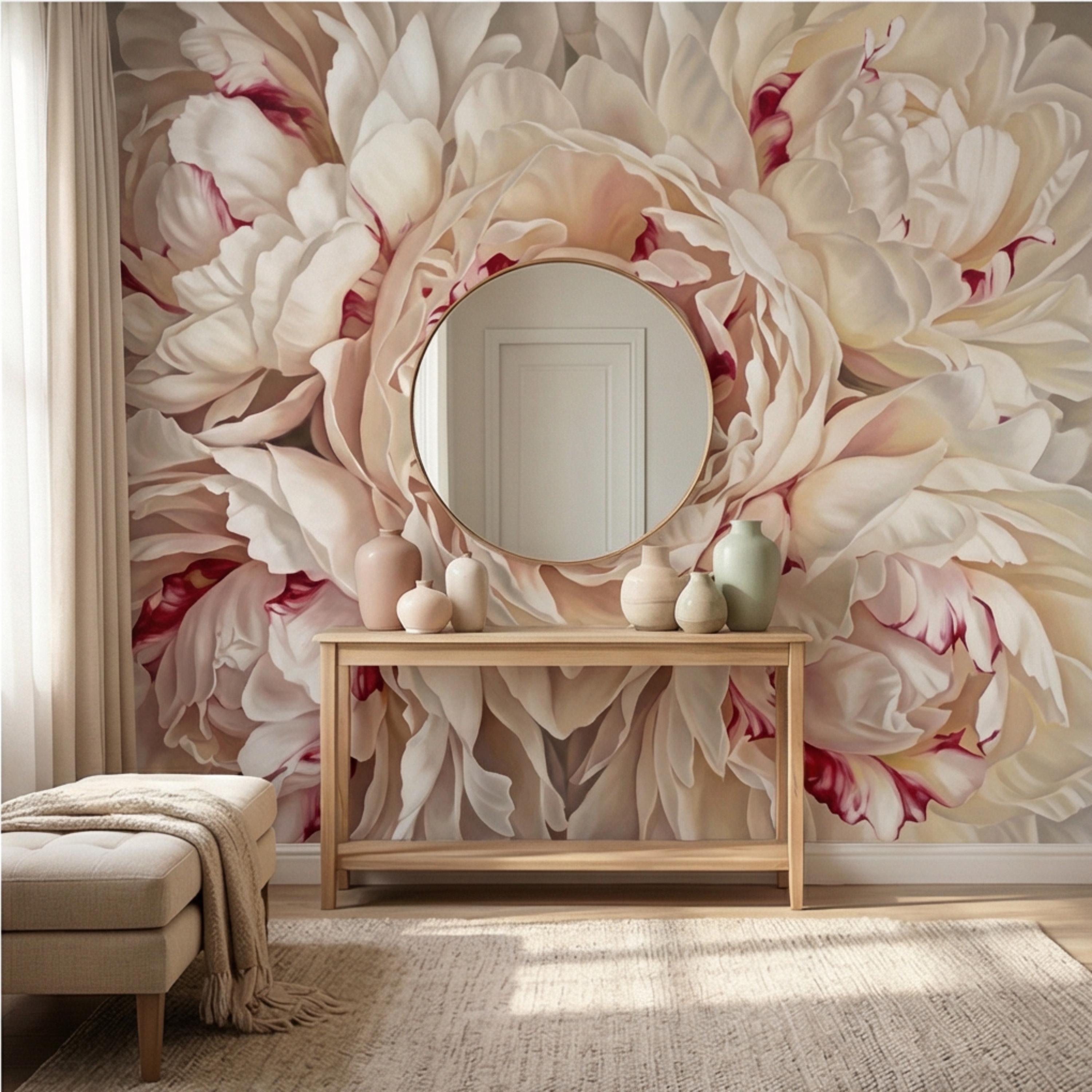 Blush Cream Peony Peel and Stick Wall Mural, Large Romantic Floral Wallpaper, Soft Feminine Luxury Wall Decor