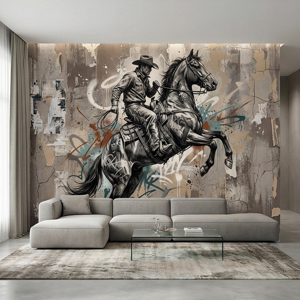 Western Cowboy Peel and Stick Wall Mural, Rodeo Horse Graffiti, Modern Urban Street Art Wallpaper