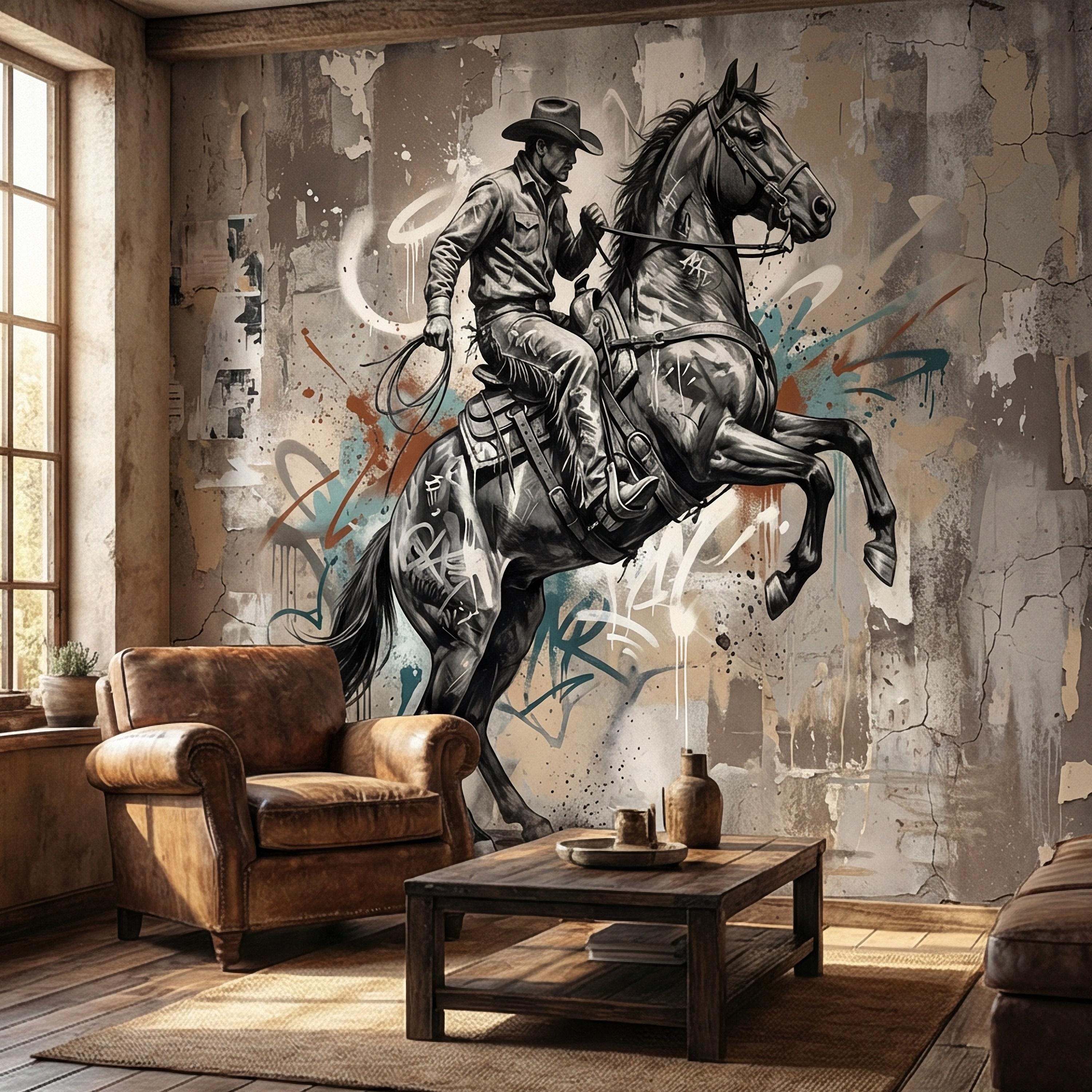 Western Cowboy Peel and Stick Wall Mural, Rodeo Horse Graffiti, Modern Urban Street Art Wallpaper