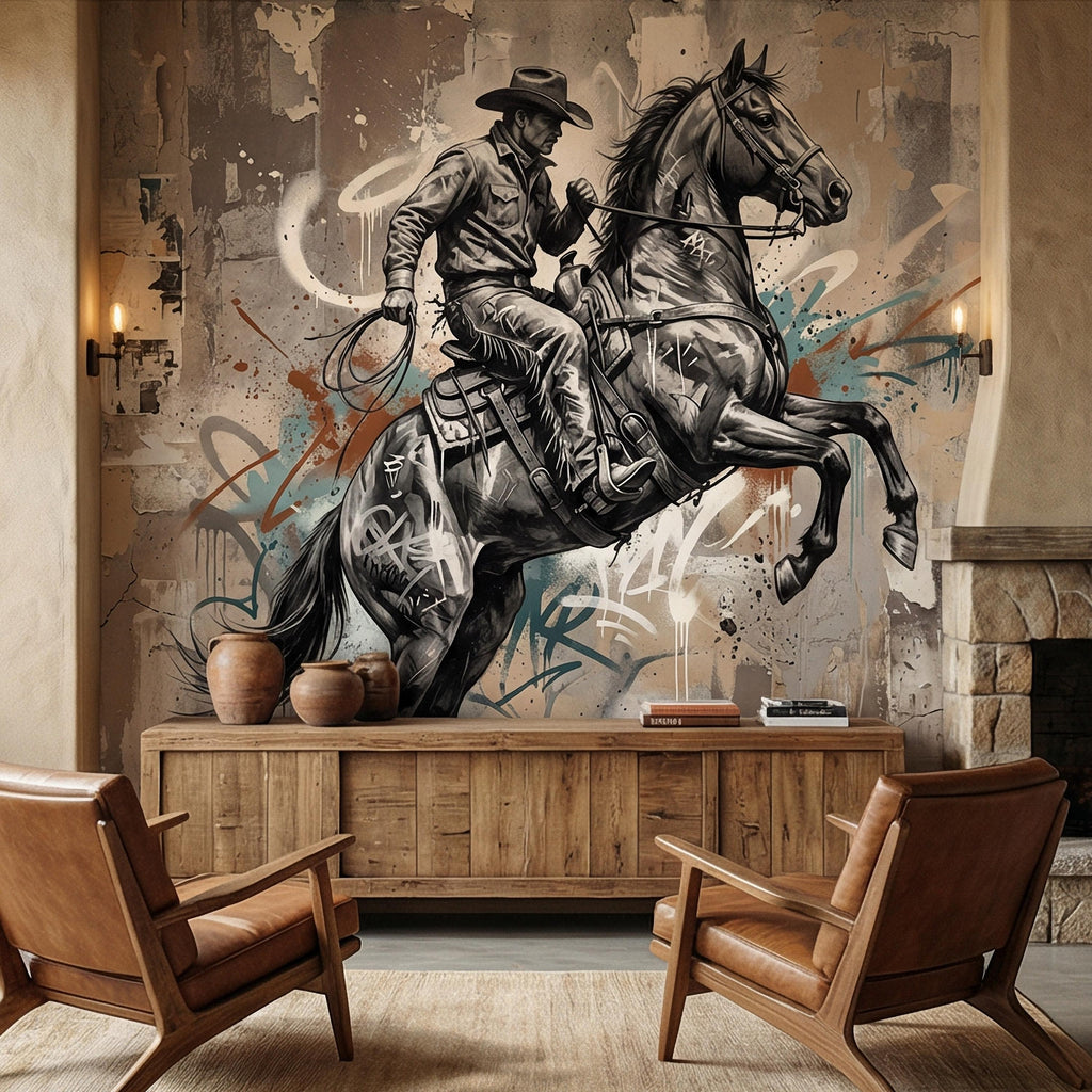 Western Cowboy Peel and Stick Wall Mural, Rodeo Horse Graffiti, Modern Urban Street Art Wallpaper