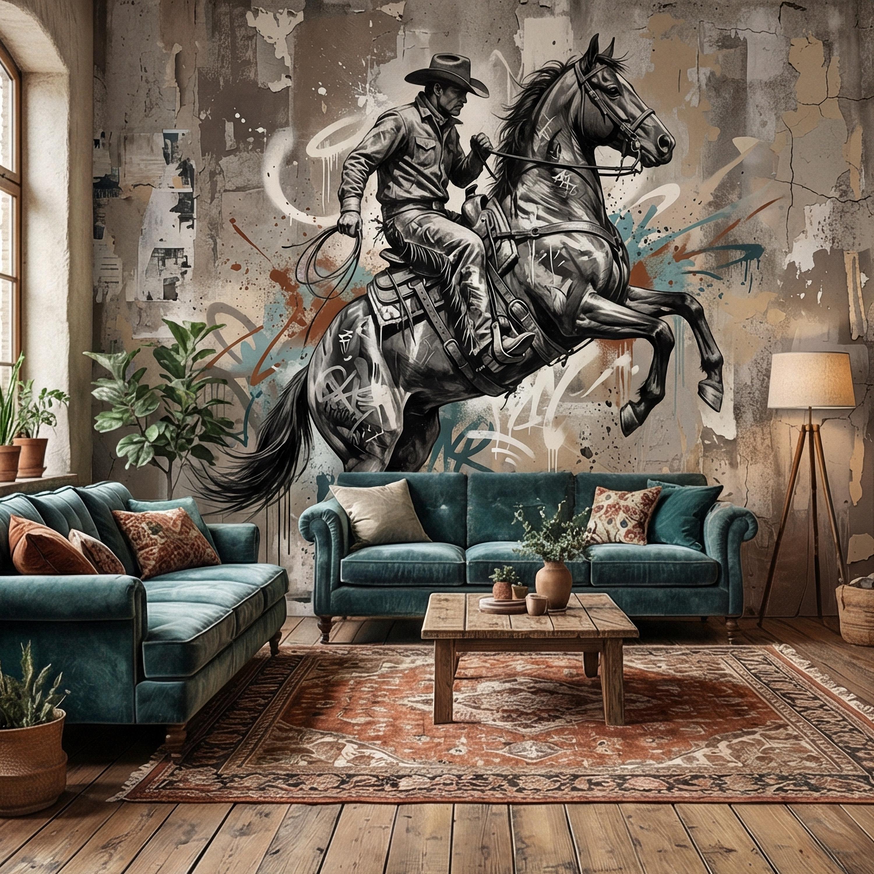 Western Cowboy Peel and Stick Wall Mural, Rodeo Horse Graffiti, Modern Urban Street Art Wallpaper