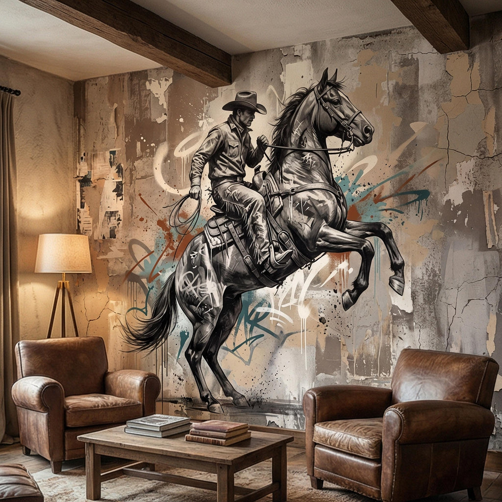 Western Cowboy Peel and Stick Wall Mural, Rodeo Horse Graffiti, Modern Urban Street Art Wallpaper