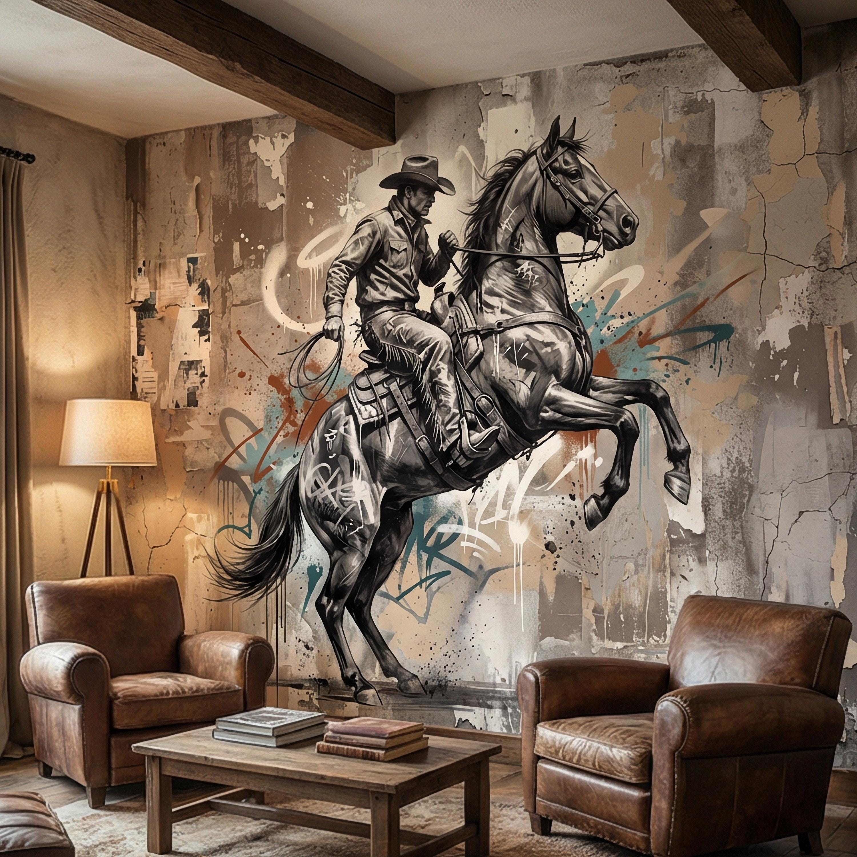 Western Cowboy Peel and Stick Wall Mural, Rodeo Horse Graffiti, Modern Urban Street Art Wallpaper