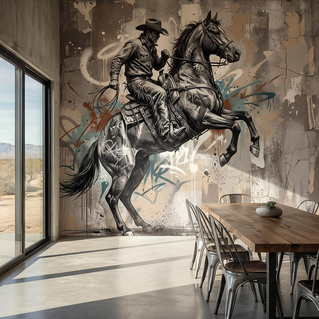 Western Cowboy Peel and Stick Wall Mural, Rodeo Horse Graffiti, Modern Urban Street Art Wallpaper