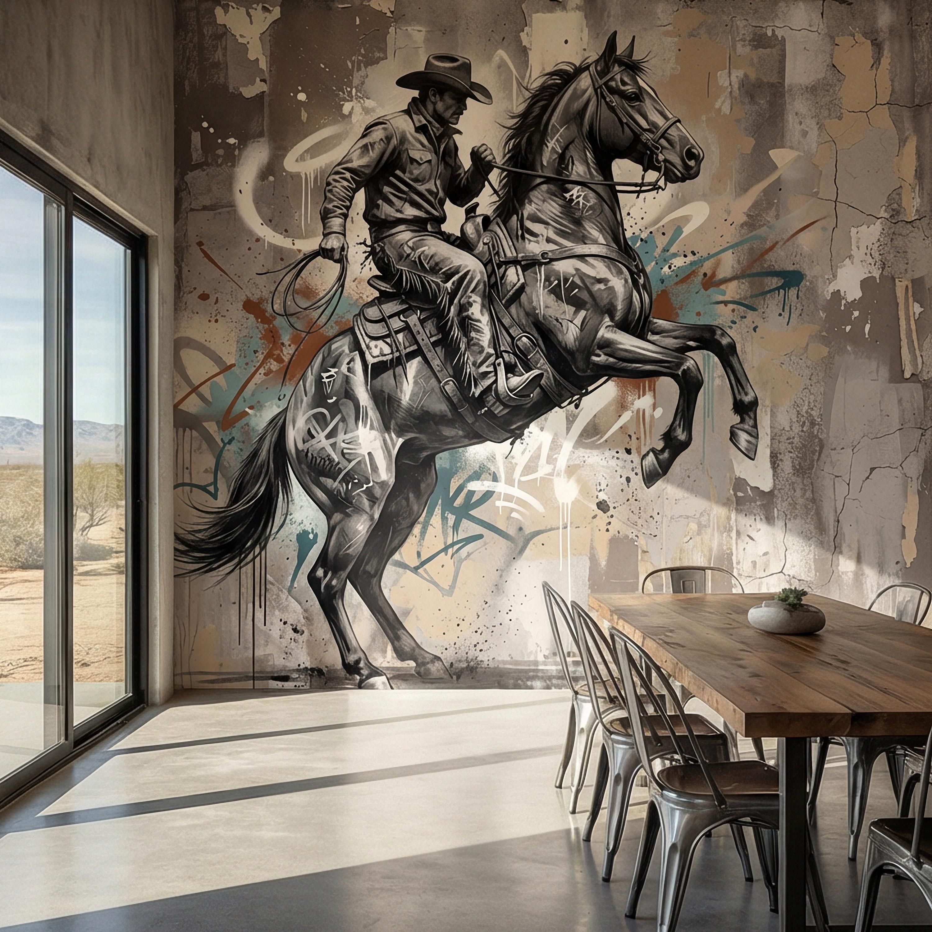 Western Cowboy Peel and Stick Wall Mural, Rodeo Horse Graffiti, Modern Urban Street Art Wallpaper