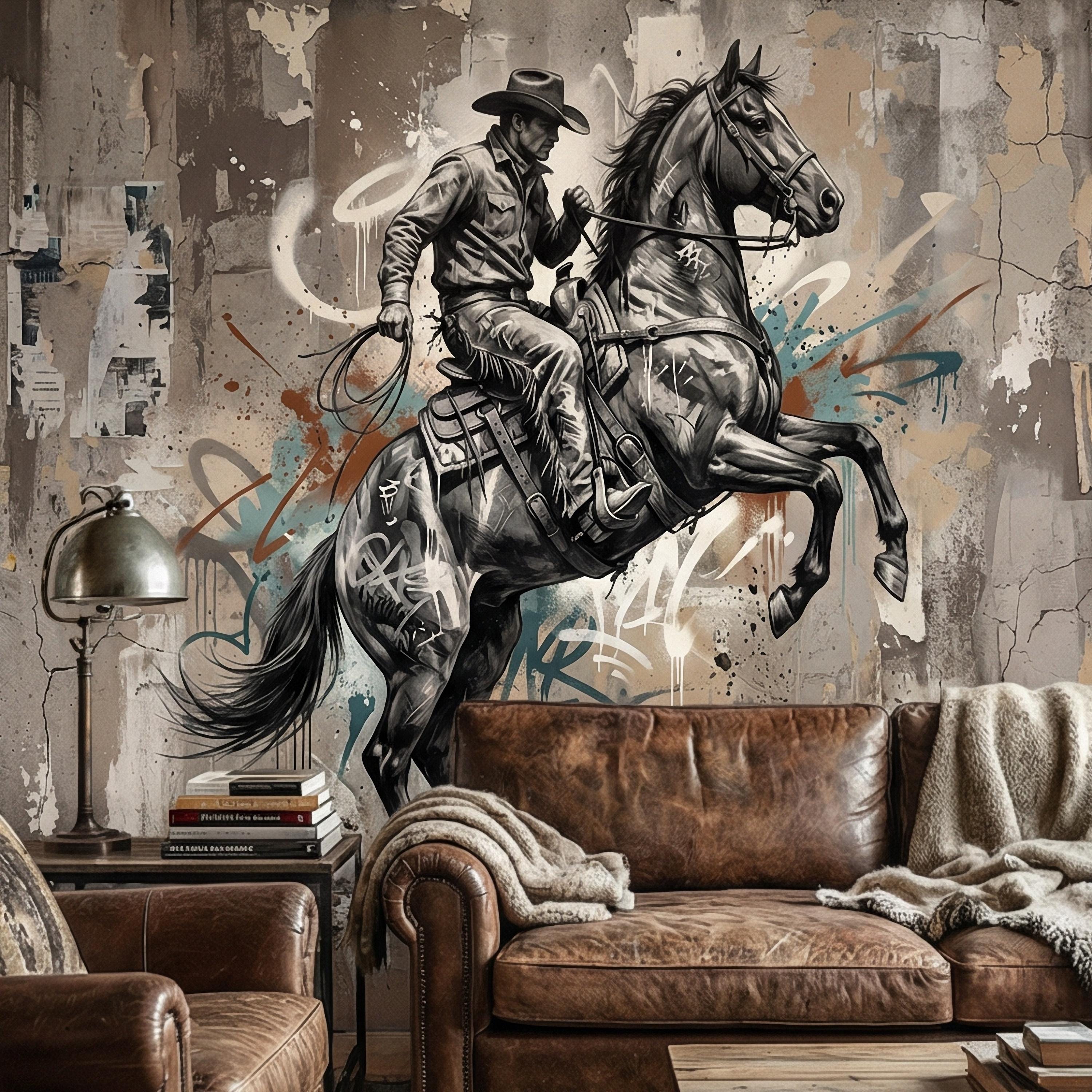 Western Cowboy Peel and Stick Wall Mural, Rodeo Horse Graffiti, Modern Urban Street Art Wallpaper