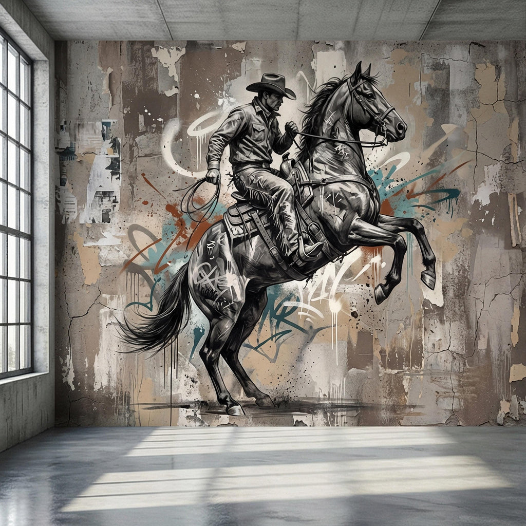 Western Cowboy Peel and Stick Wall Mural, Rodeo Horse Graffiti, Modern Urban Street Art Wallpaper