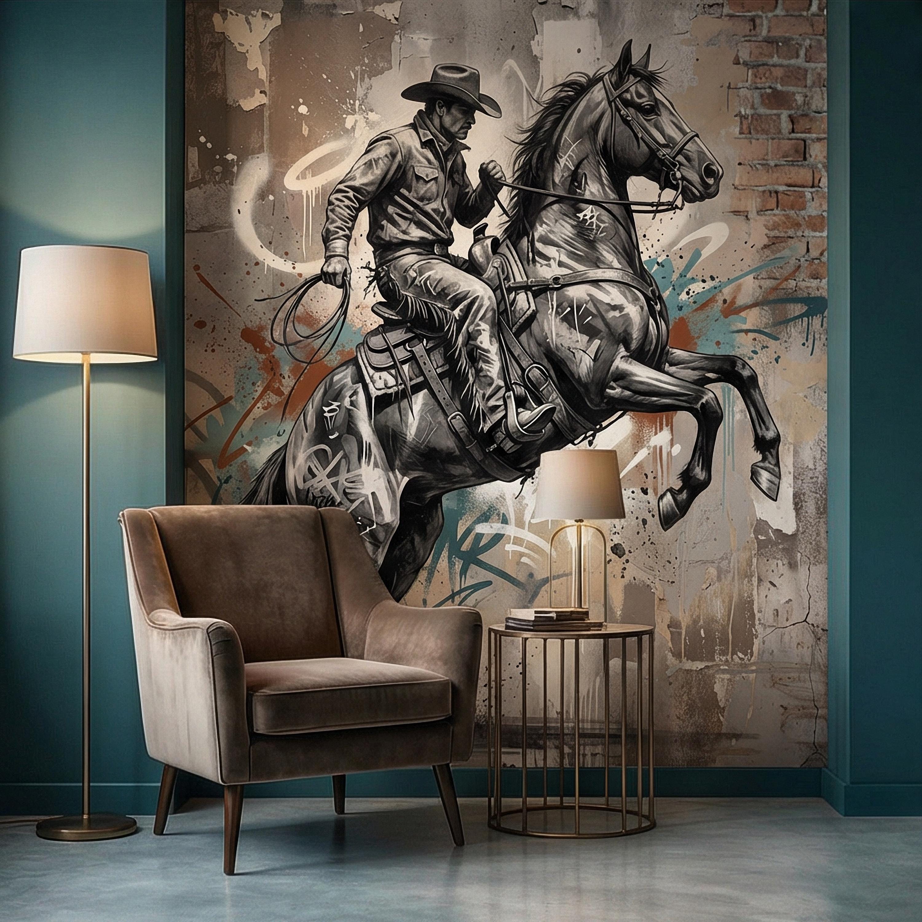 Western Cowboy Peel and Stick Wall Mural, Rodeo Horse Graffiti, Modern Urban Street Art Wallpaper