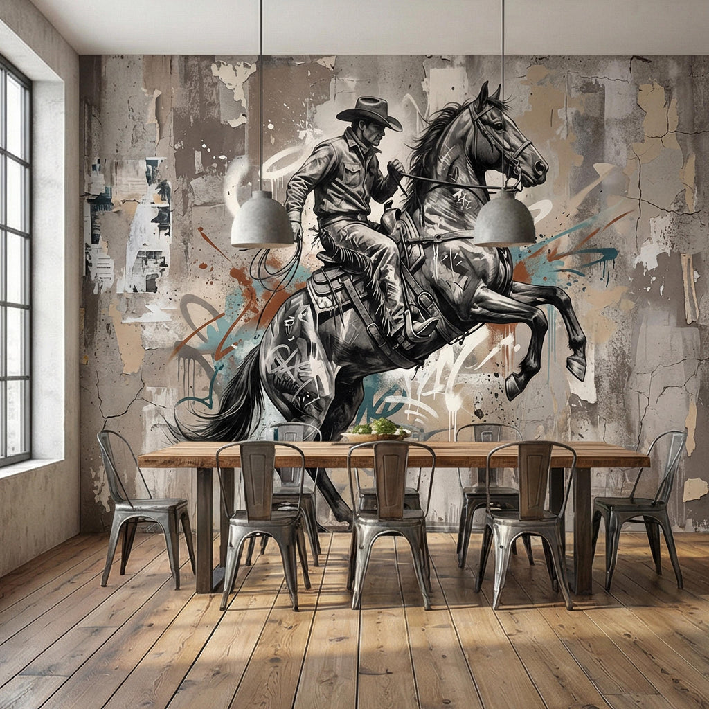 Western Cowboy Peel and Stick Wall Mural, Rodeo Horse Graffiti, Modern Urban Street Art Wallpaper