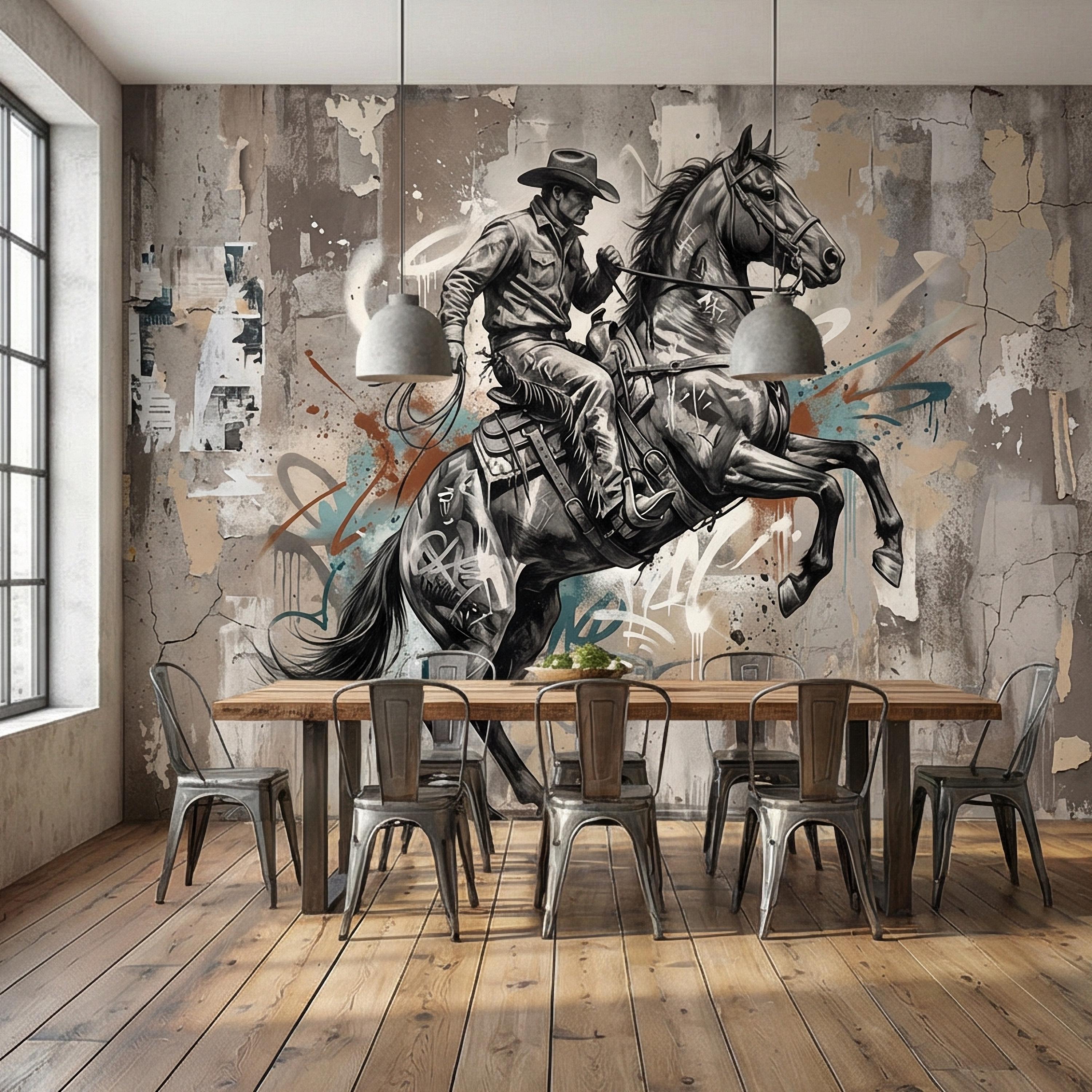 Western Cowboy Peel and Stick Wall Mural, Rodeo Horse Graffiti, Modern Urban Street Art Wallpaper