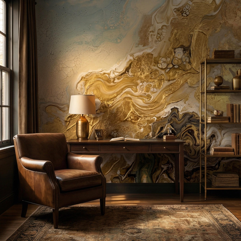Textured Gold Plaster Peel and Stick Wall Mural, Abstract Architectural Paint Effect Wallpaper, Luxury Modern Interior Statement Wall Decor
