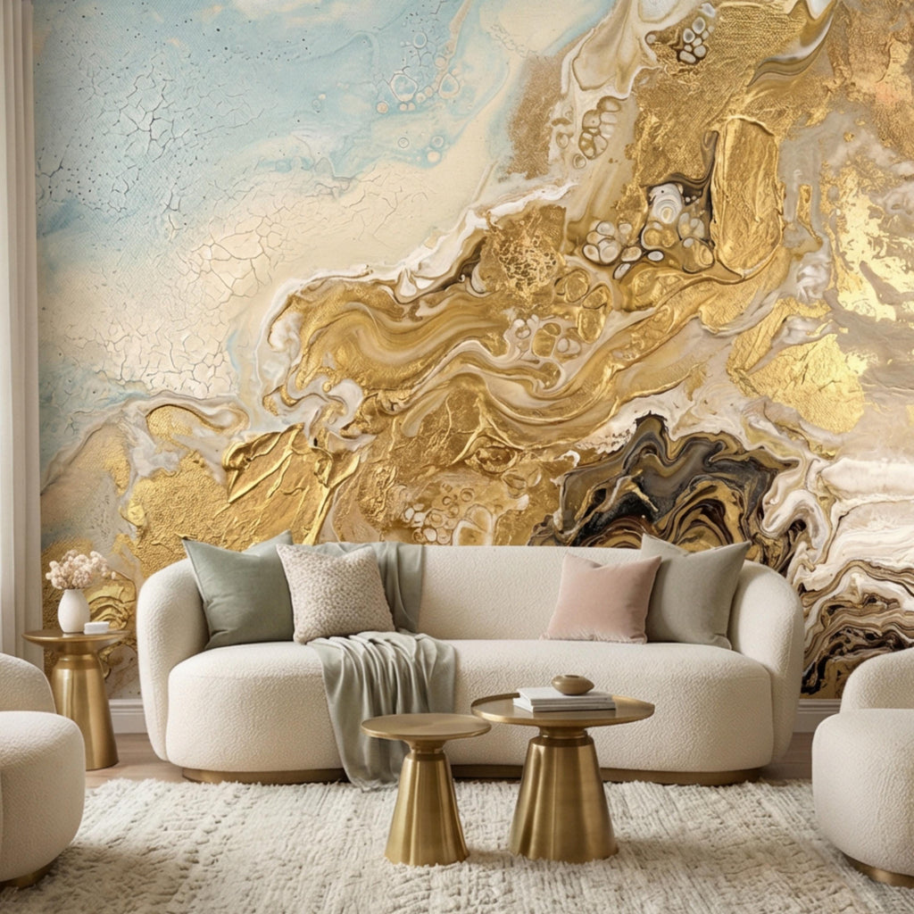 Textured Gold Plaster Peel and Stick Wall Mural, Abstract Architectural Paint Effect Wallpaper, Luxury Modern Interior Statement Wall Decor