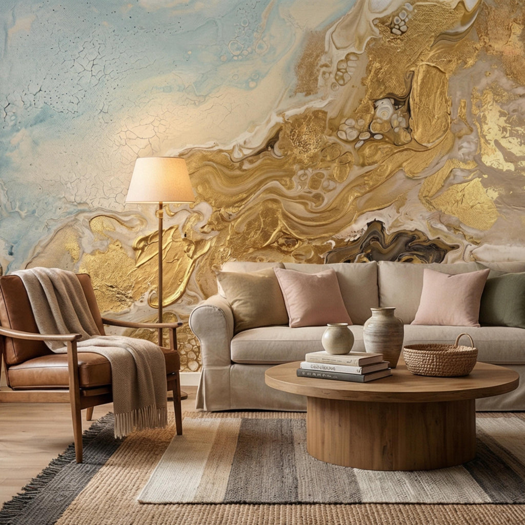 Textured Gold Plaster Peel and Stick Wall Mural, Abstract Architectural Paint Effect Wallpaper, Luxury Modern Interior Statement Wall Decor