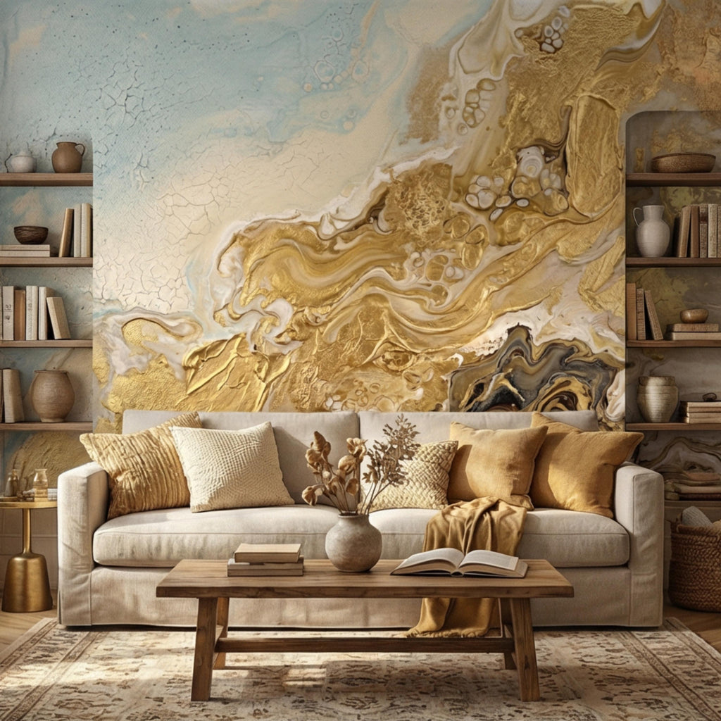 Textured Gold Plaster Peel and Stick Wall Mural, Abstract Architectural Paint Effect Wallpaper, Luxury Modern Interior Statement Wall Decor