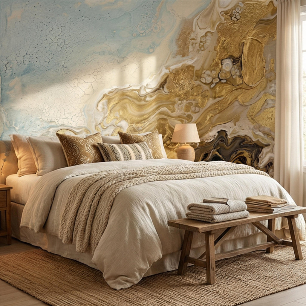Textured Gold Plaster Peel and Stick Wall Mural, Abstract Architectural Paint Effect Wallpaper, Luxury Modern Interior Statement Wall Decor