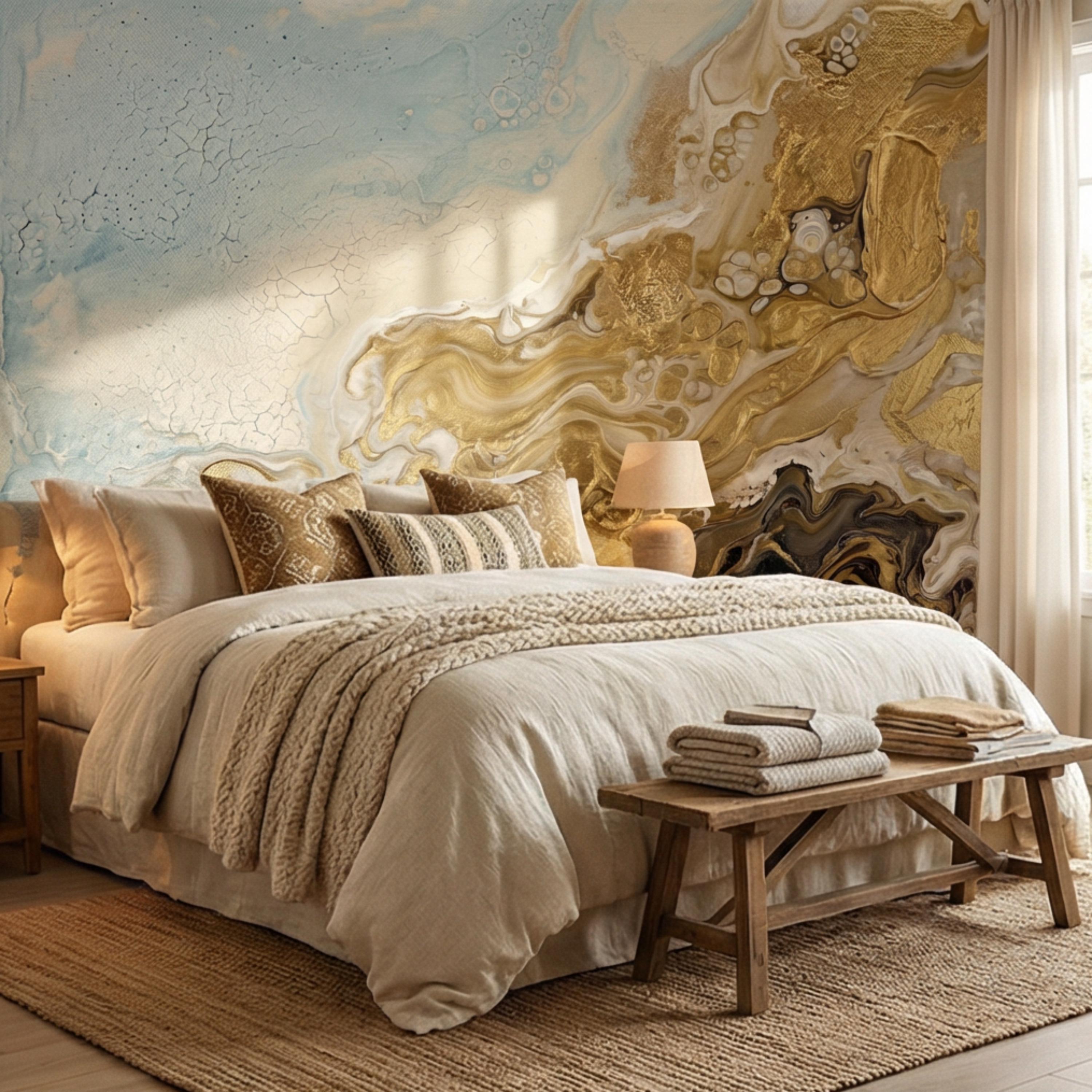 Textured Gold Plaster Peel and Stick Wall Mural, Abstract Architectural Paint Effect Wallpaper, Luxury Modern Interior Statement Wall Decor
