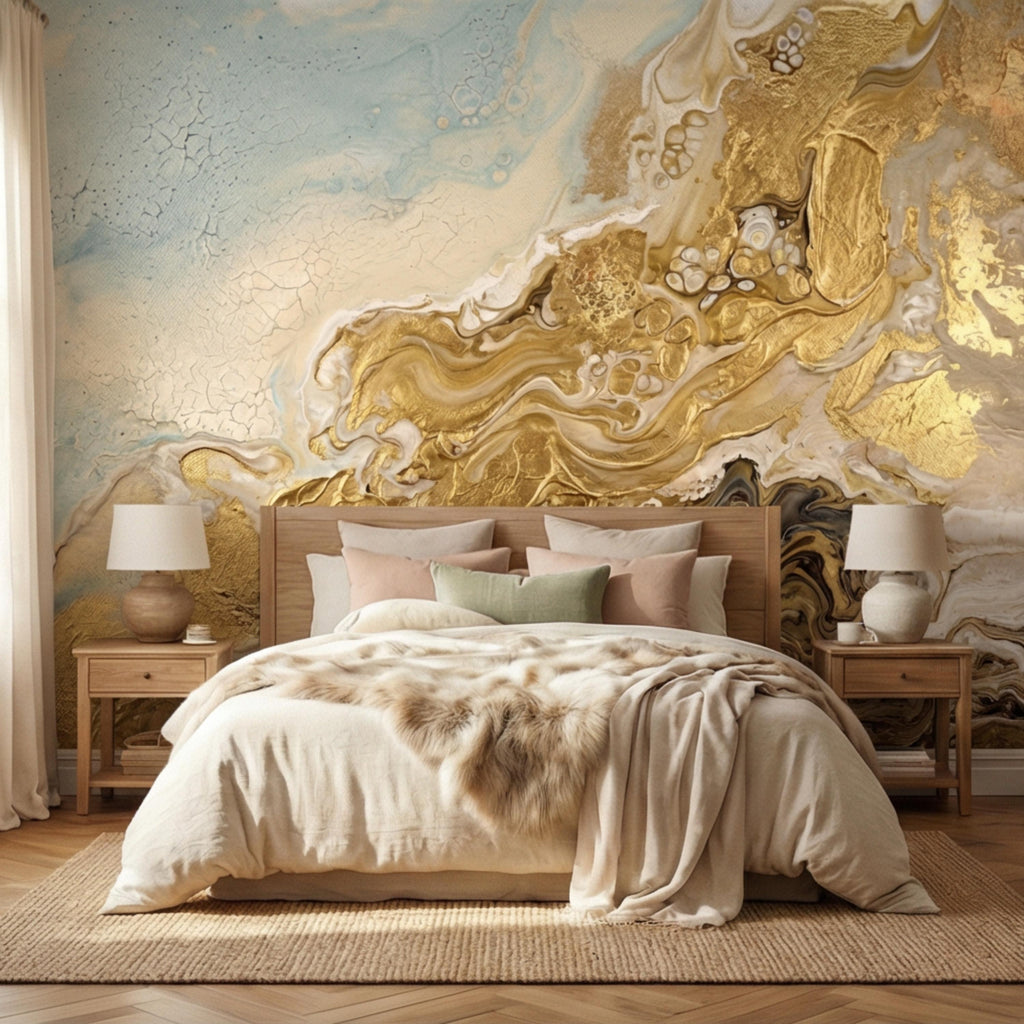 Textured Gold Plaster Peel and Stick Wall Mural, Abstract Architectural Paint Effect Wallpaper, Luxury Modern Interior Statement Wall Decor