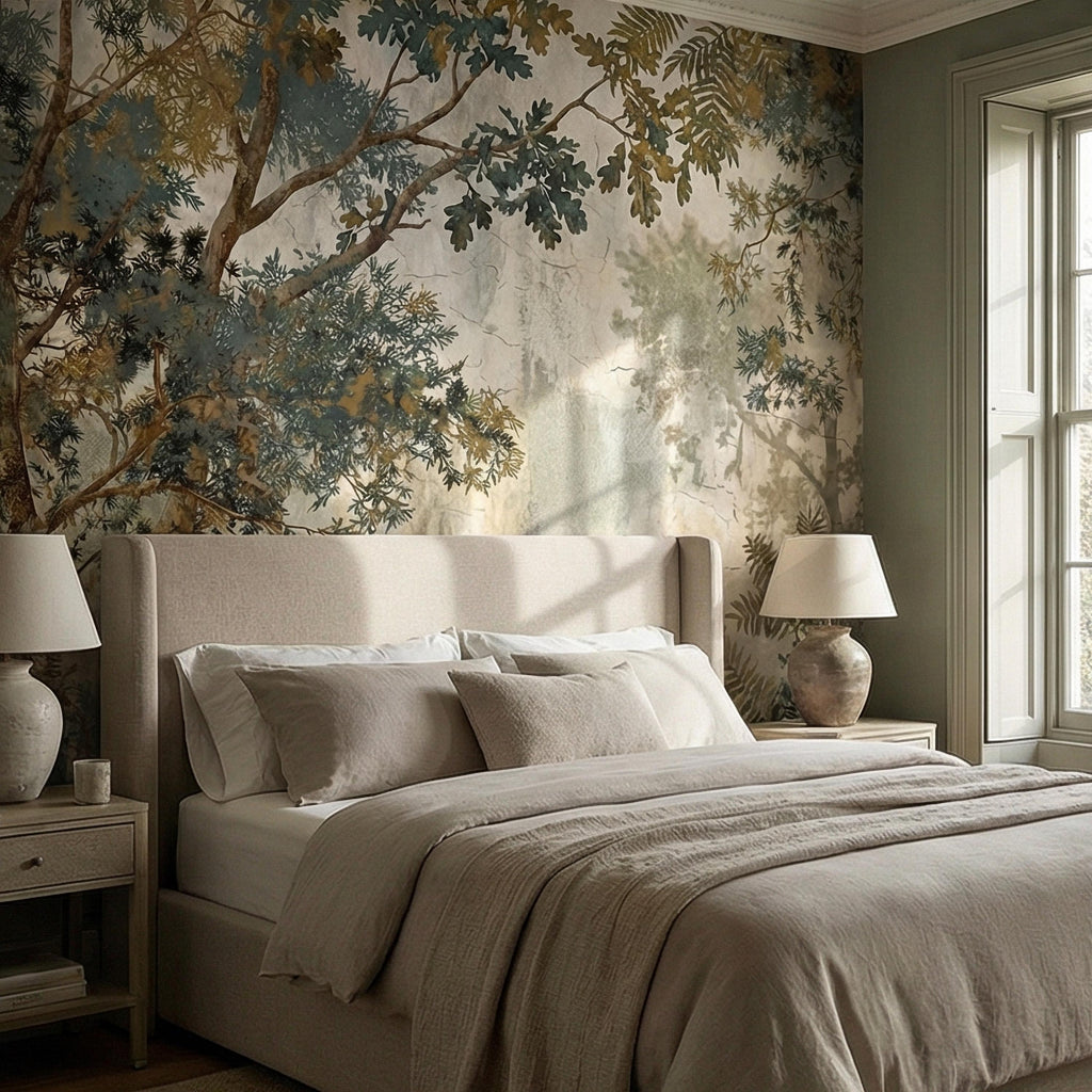 Sage Green Botanical Peel and Stick Wall Mural, Misty Woodland Branches, Antique Plaster Fresco Landscape Wallpaper