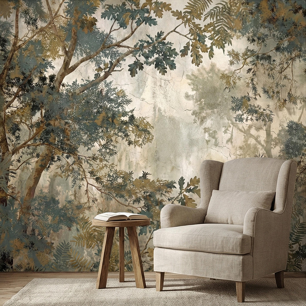 Sage Green Botanical Peel and Stick Wall Mural, Misty Woodland Branches, Antique Plaster Fresco Landscape Wallpaper