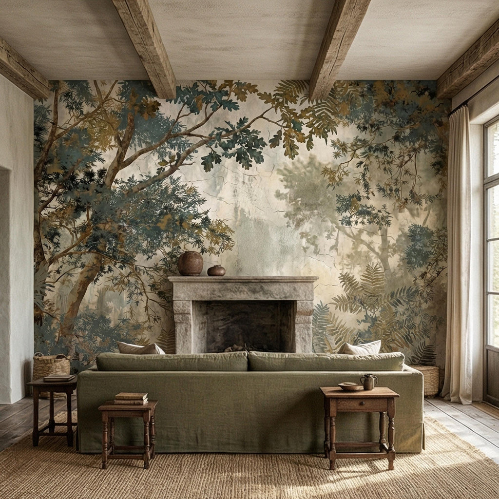 Sage Green Botanical Peel and Stick Wall Mural, Misty Woodland Branches, Antique Plaster Fresco Landscape Wallpaper