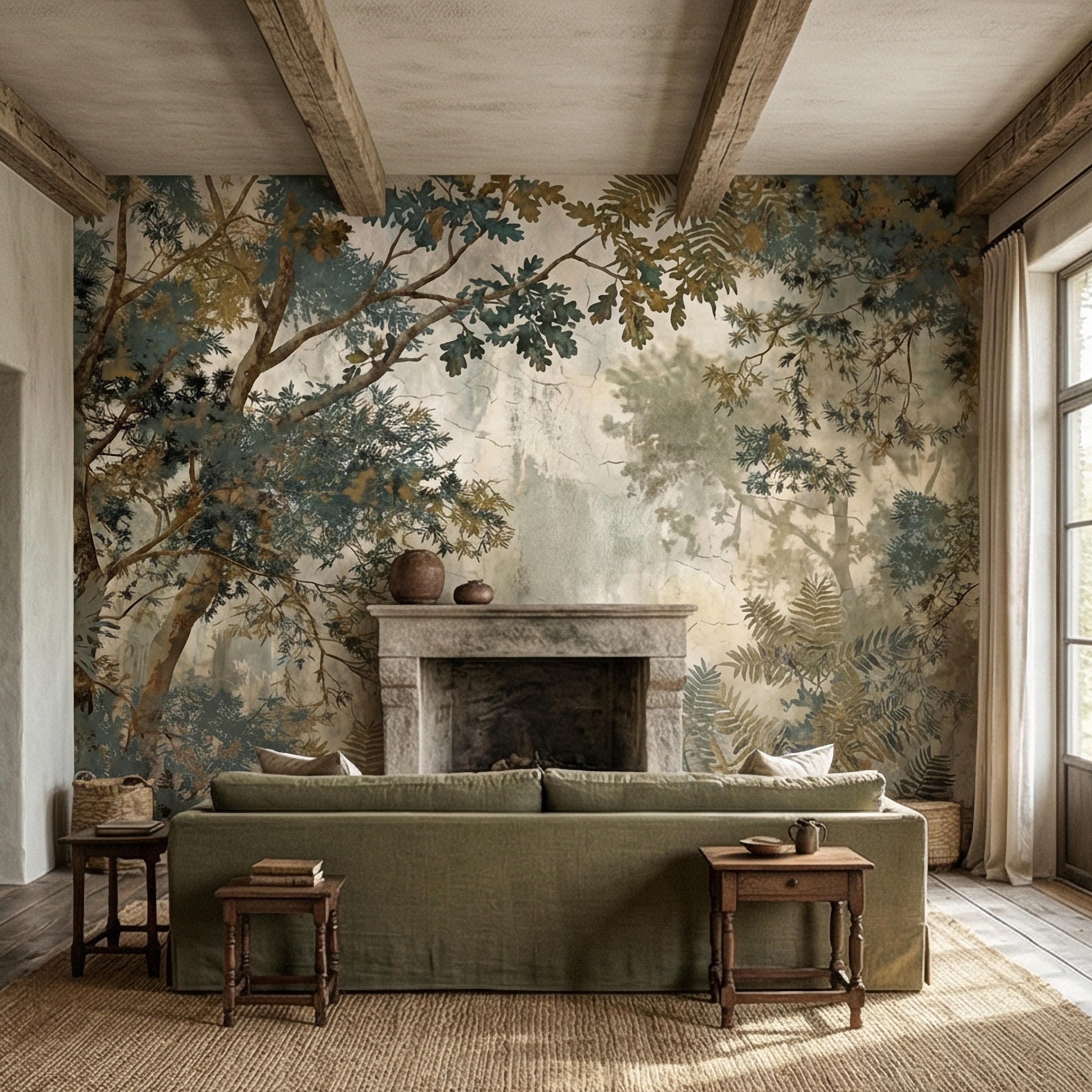 Sage Green Botanical Peel and Stick Wall Mural, Misty Woodland Branches, Antique Plaster Fresco Landscape Wallpaper