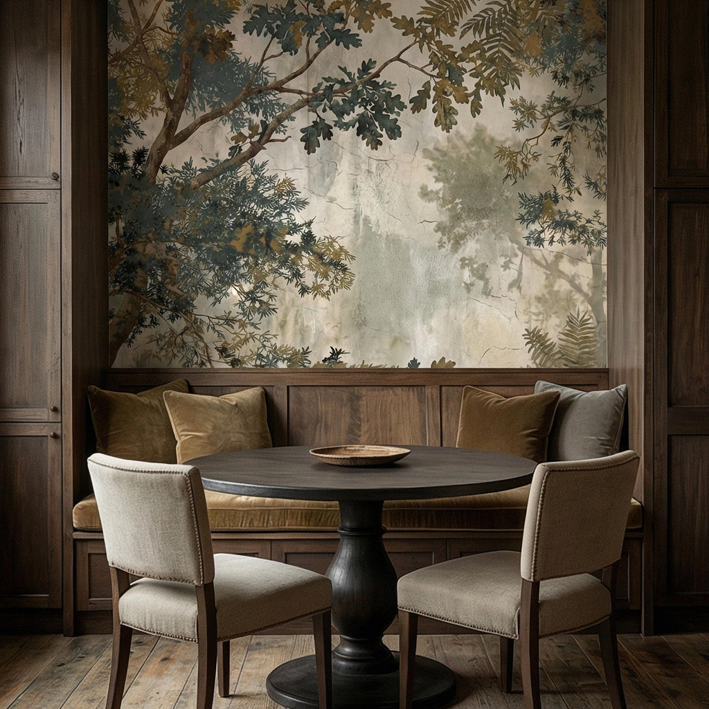 Sage Green Botanical Peel and Stick Wall Mural, Misty Woodland Branches, Antique Plaster Fresco Landscape Wallpaper