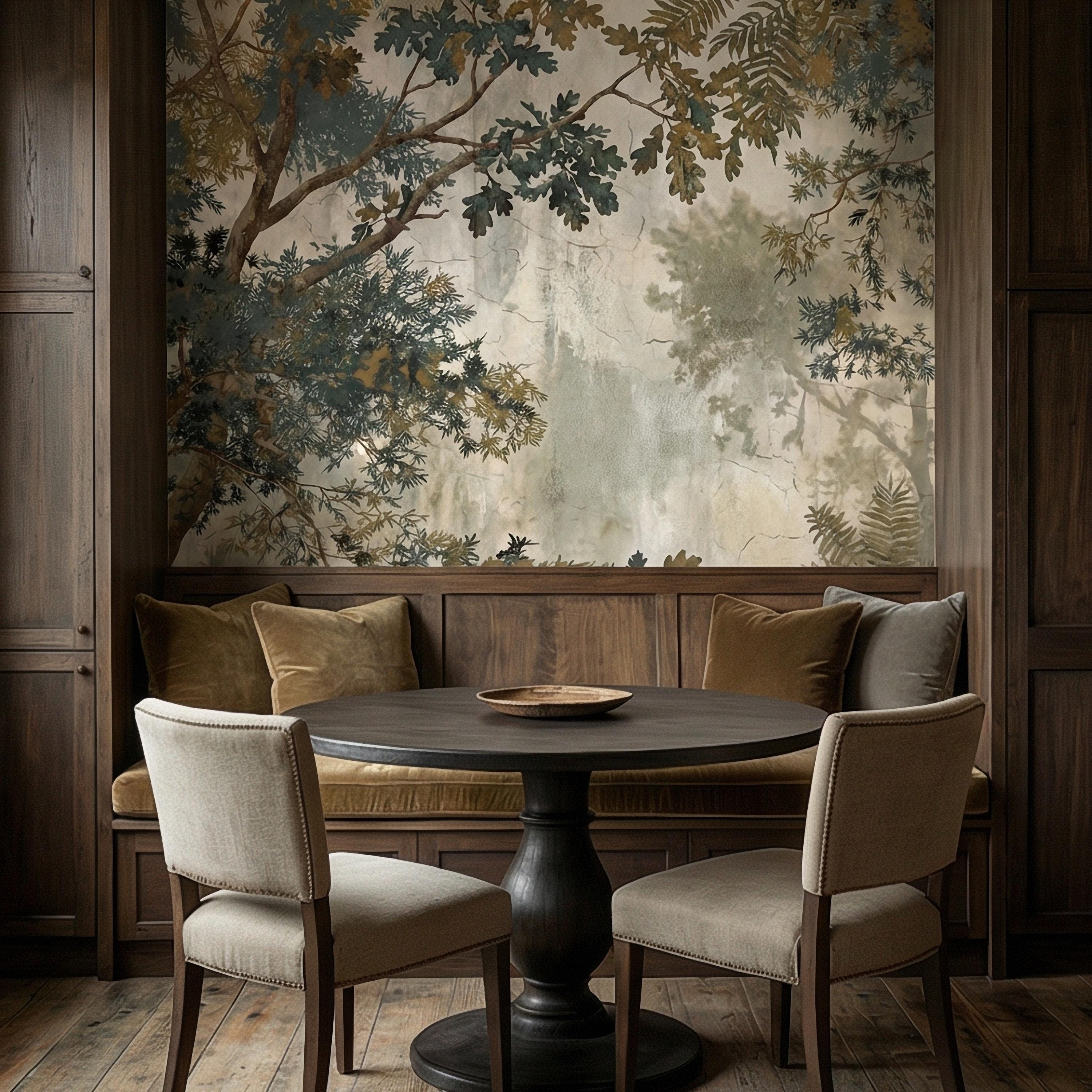 Sage Green Botanical Peel and Stick Wall Mural, Misty Woodland Branches, Antique Plaster Fresco Landscape Wallpaper