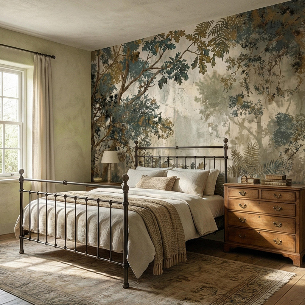 Sage Green Botanical Peel and Stick Wall Mural, Misty Woodland Branches, Antique Plaster Fresco Landscape Wallpaper