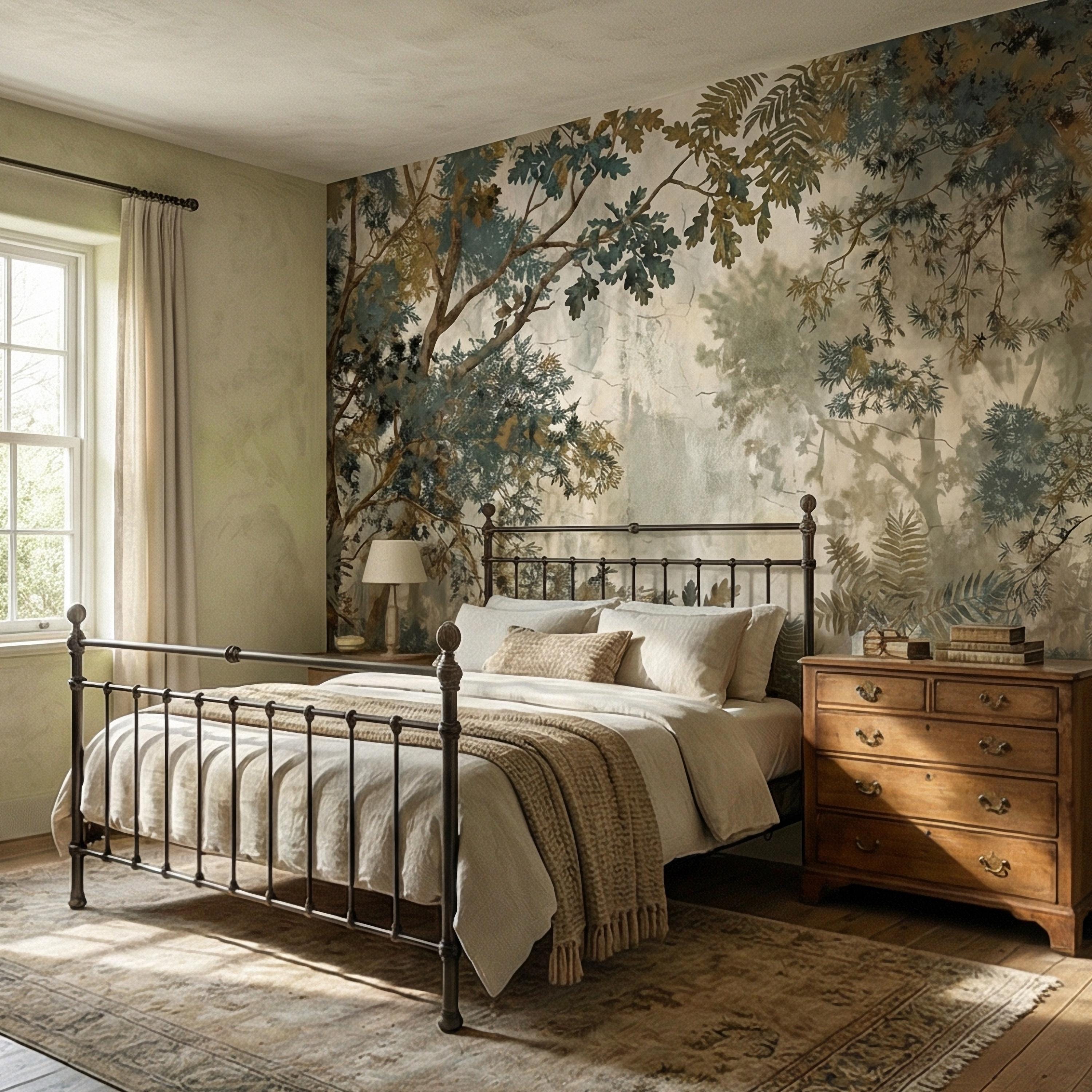 Sage Green Botanical Peel and Stick Wall Mural, Misty Woodland Branches, Antique Plaster Fresco Landscape Wallpaper