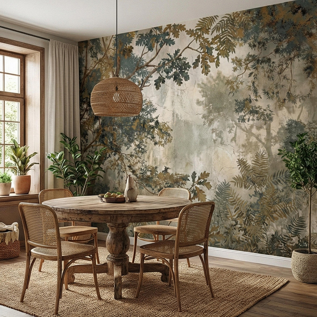 Sage Green Botanical Peel and Stick Wall Mural, Misty Woodland Branches, Antique Plaster Fresco Landscape Wallpaper