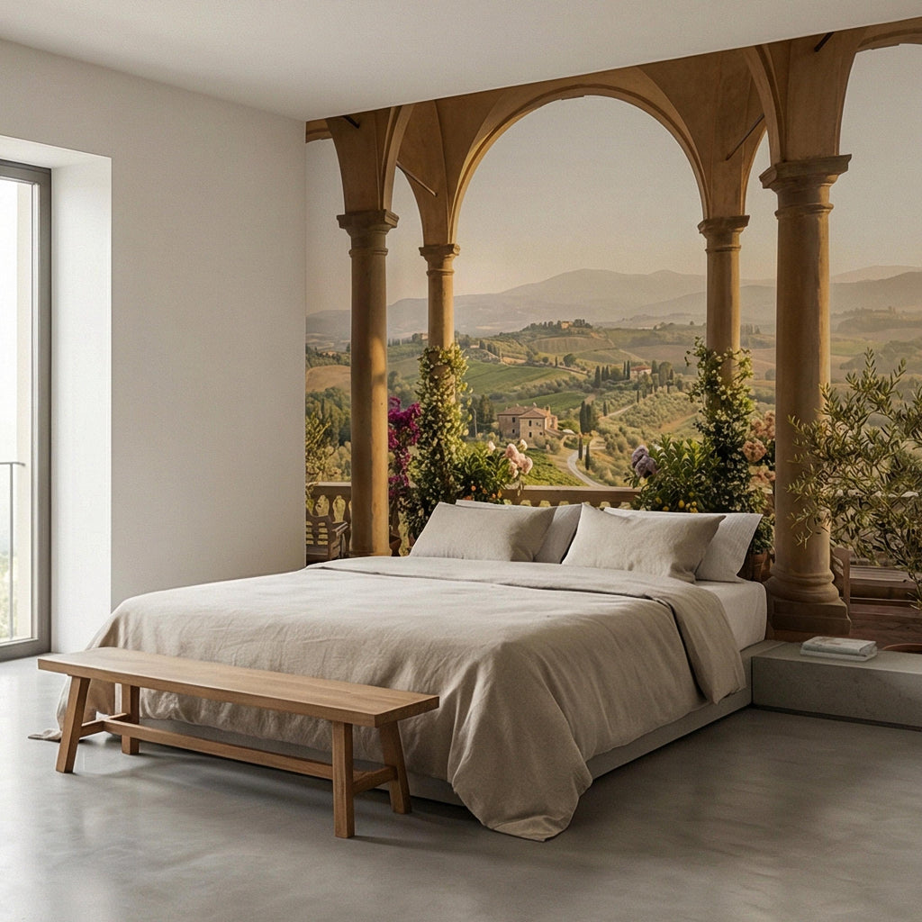 Tuscan Veranda Peel and Stick Wall Mural, Italian Countryside View, Old World Mediterranean Villa Landscape Wallpaper
