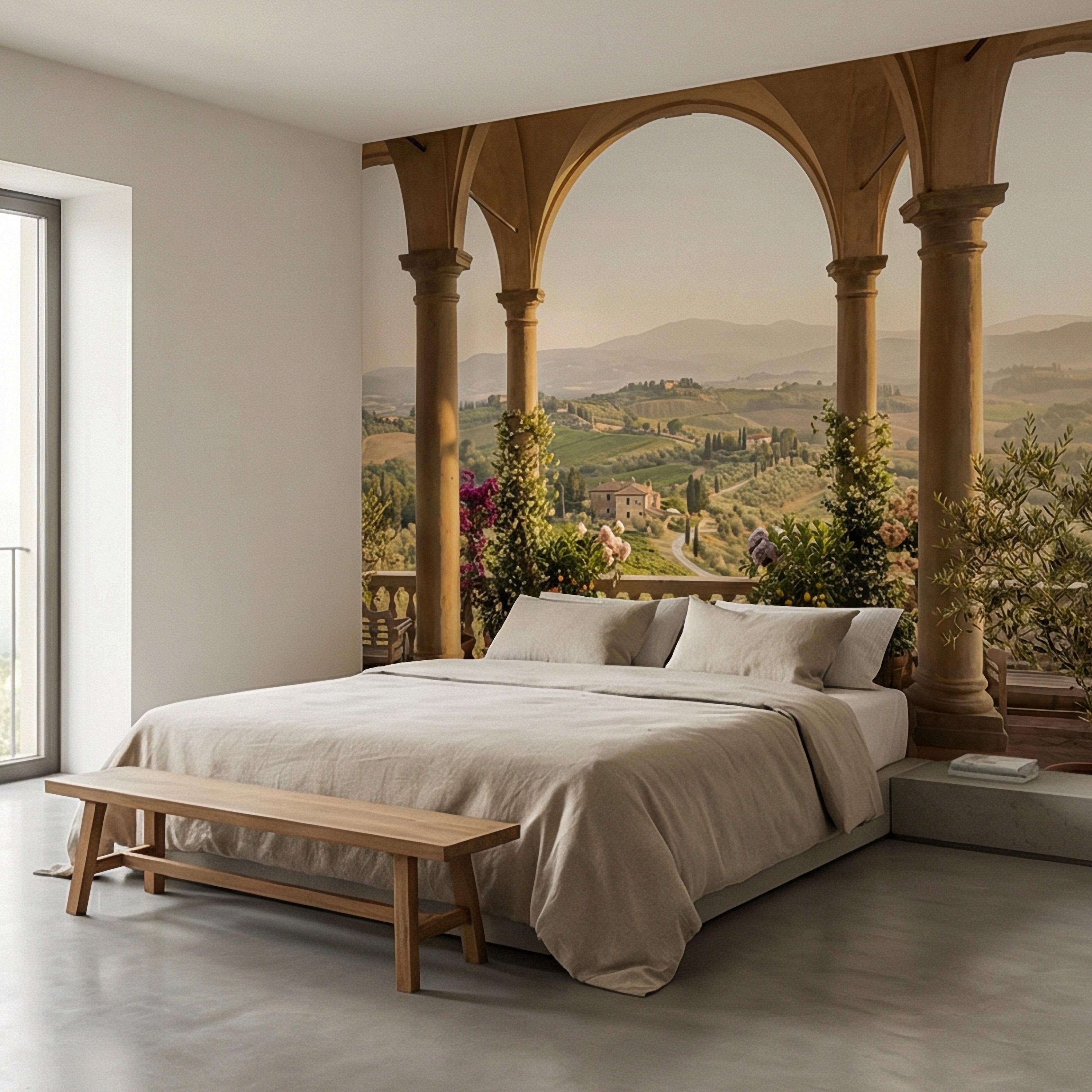 Tuscan Veranda Peel and Stick Wall Mural, Italian Countryside View, Old World Mediterranean Villa Landscape Wallpaper