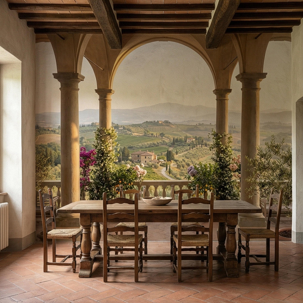 Tuscan Veranda Peel and Stick Wall Mural, Italian Countryside View, Old World Mediterranean Villa Landscape Wallpaper