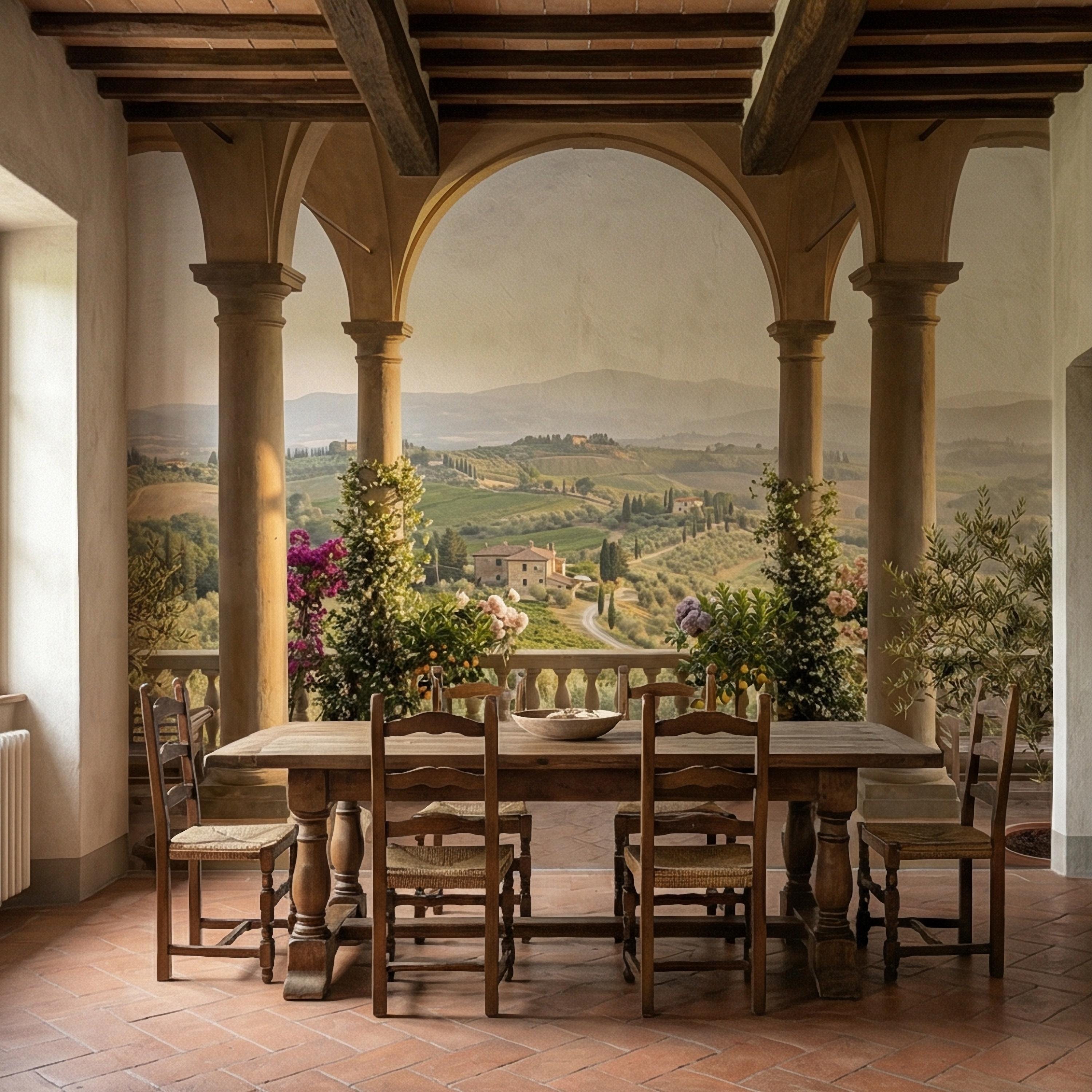 Tuscan Veranda Peel and Stick Wall Mural, Italian Countryside View, Old World Mediterranean Villa Landscape Wallpaper