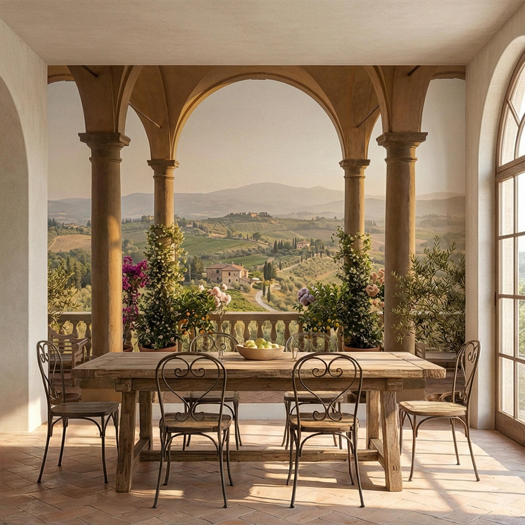 Tuscan Veranda Peel and Stick Wall Mural, Italian Countryside View, Old World Mediterranean Villa Landscape Wallpaper