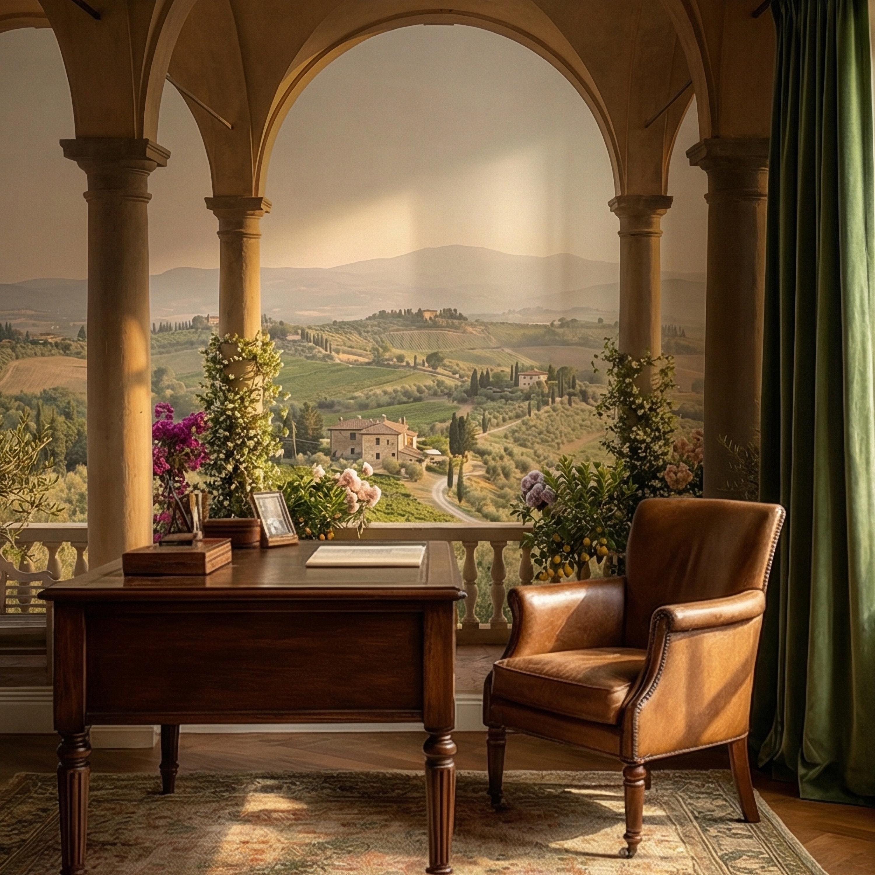 Tuscan Veranda Peel and Stick Wall Mural, Italian Countryside View, Old World Mediterranean Villa Landscape Wallpaper