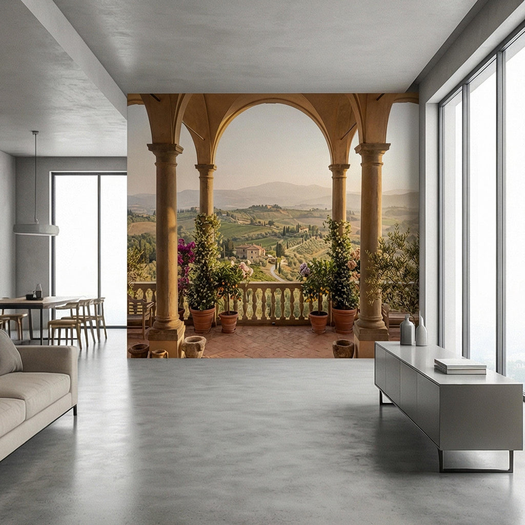 Tuscan Veranda Peel and Stick Wall Mural, Italian Countryside View, Old World Mediterranean Villa Landscape Wallpaper
