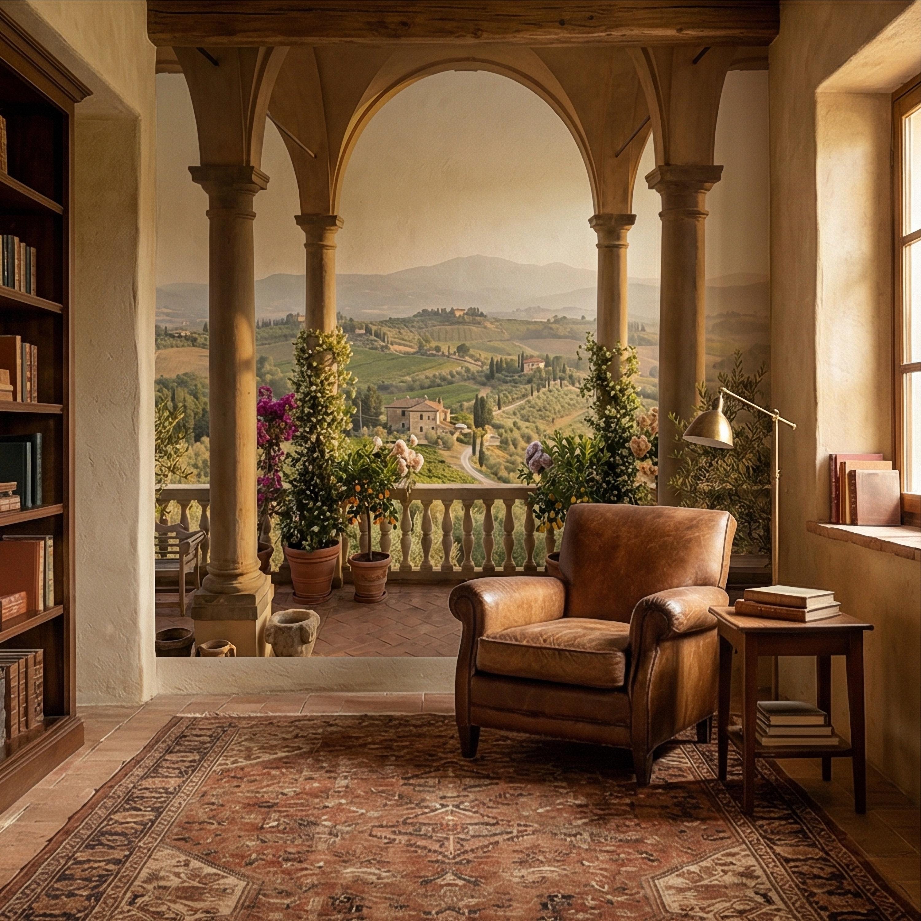 Tuscan Veranda Peel and Stick Wall Mural, Italian Countryside View, Old World Mediterranean Villa Landscape Wallpaper