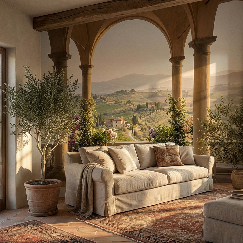 Tuscan Veranda Peel and Stick Wall Mural, Italian Countryside View, Old World Mediterranean Villa Landscape Wallpaper