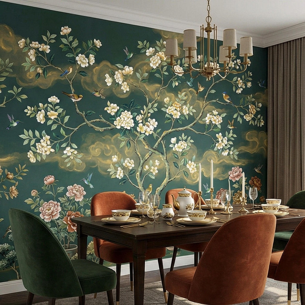 Vintage Emerald Green Chinoiserie Peel and Stick Wall Mural, Hand Painted Floral Bird Blossom Tree Garden Wallpaper